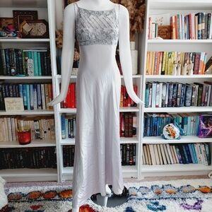 Morgan &Co.By Linda Bernell Sleeveless Lace & Embroidered Silver Maxi Dress P188